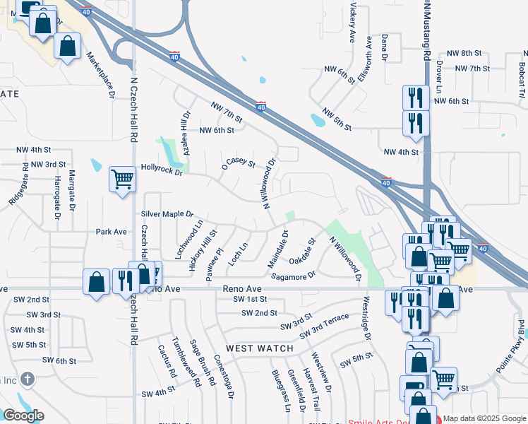 map of restaurants, bars, coffee shops, grocery stores, and more near 11801 Silver Maple Drive in Yukon