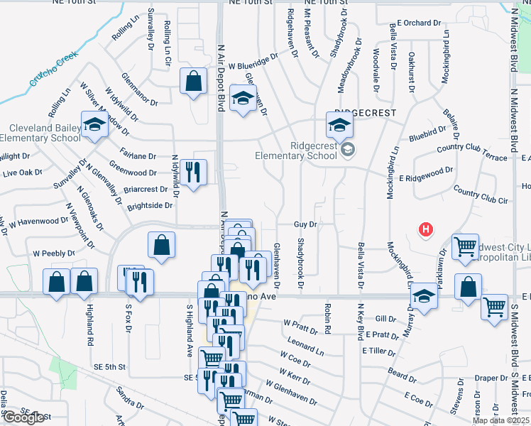 map of restaurants, bars, coffee shops, grocery stores, and more near 7108 Hilltop Court in Midwest City