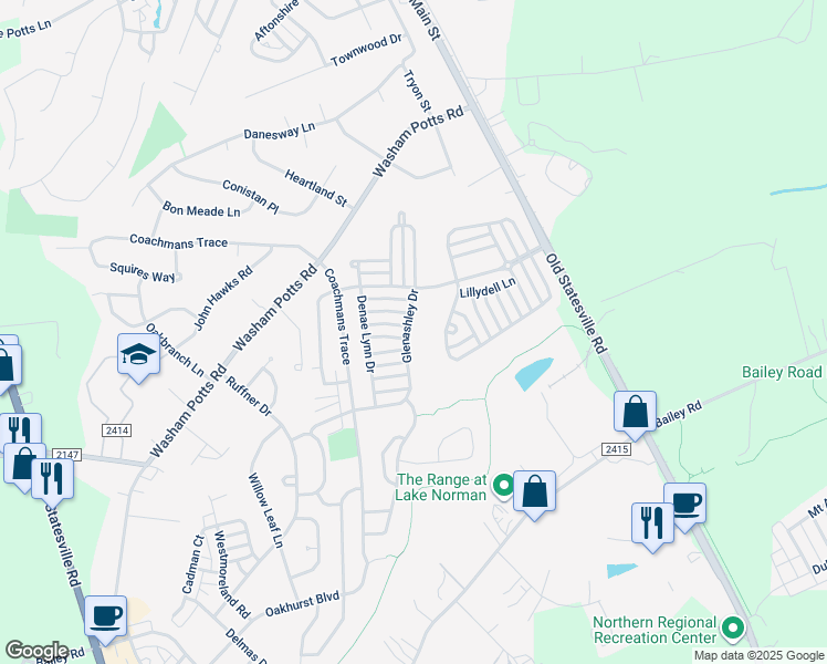 map of restaurants, bars, coffee shops, grocery stores, and more near 9237 Glenashley Drive in Cornelius