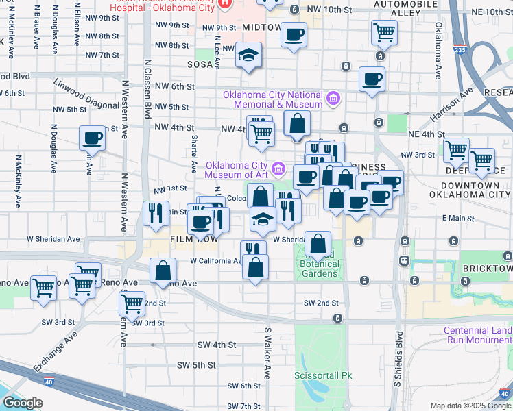 map of restaurants, bars, coffee shops, grocery stores, and more near 520 West Main Street in Oklahoma City