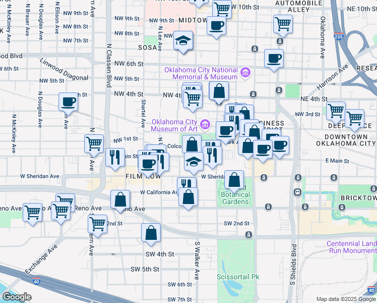 map of restaurants, bars, coffee shops, grocery stores, and more near 520 West Main Street in Oklahoma City