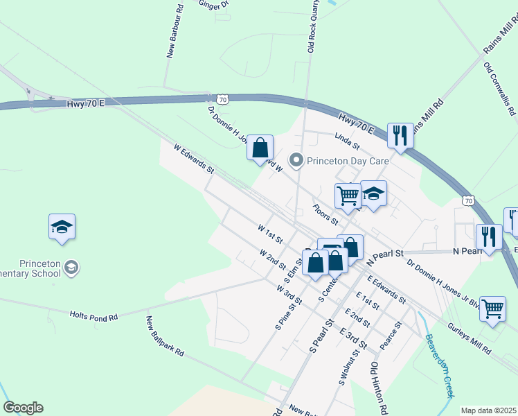 map of restaurants, bars, coffee shops, grocery stores, and more near 507 West Edwards Street in Princeton