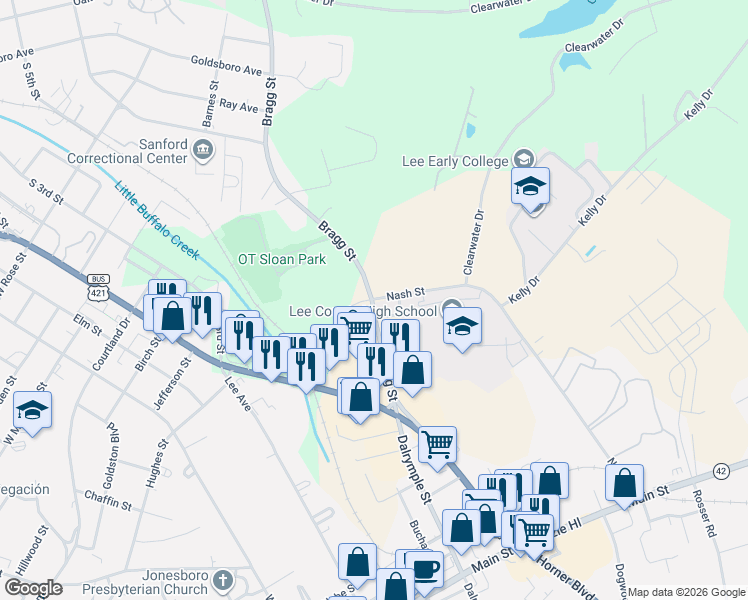 map of restaurants, bars, coffee shops, grocery stores, and more near 1901-1919 Bragg St in Sanford