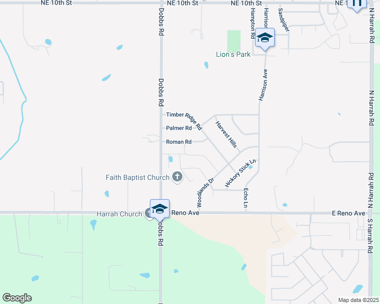 map of restaurants, bars, coffee shops, grocery stores, and more near 20121 Roman Road in Harrah