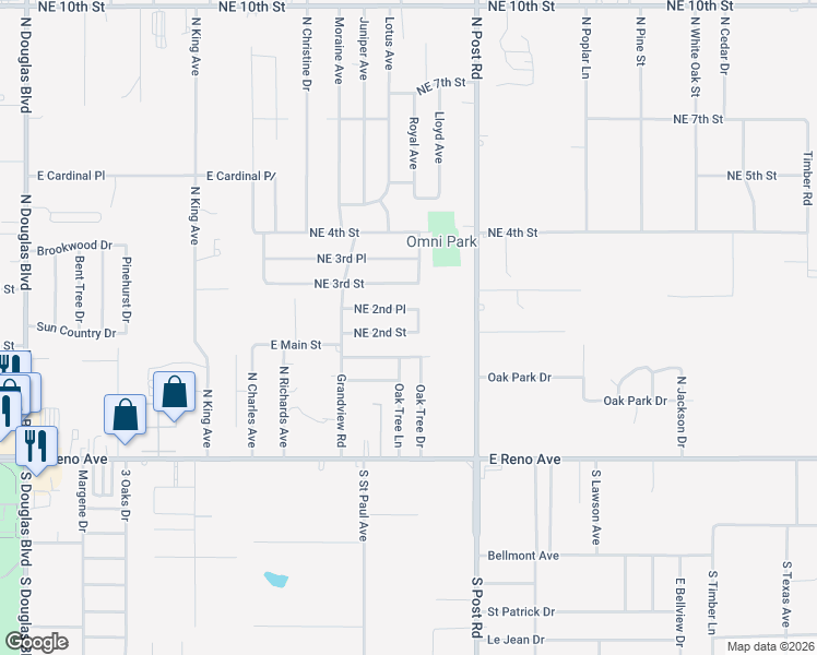 map of restaurants, bars, coffee shops, grocery stores, and more near 9723 Northeast 2nd Place in Midwest City