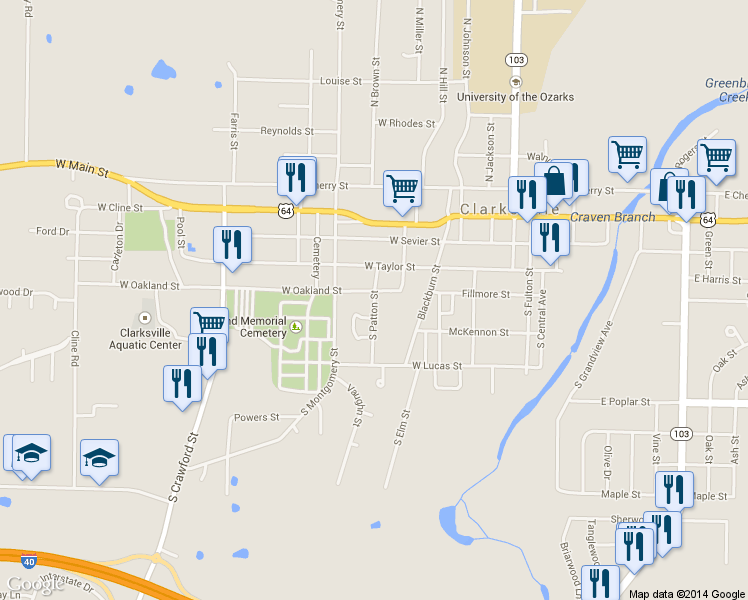 map of restaurants, bars, coffee shops, grocery stores, and more near 301-399 S Patton St in Clarksville