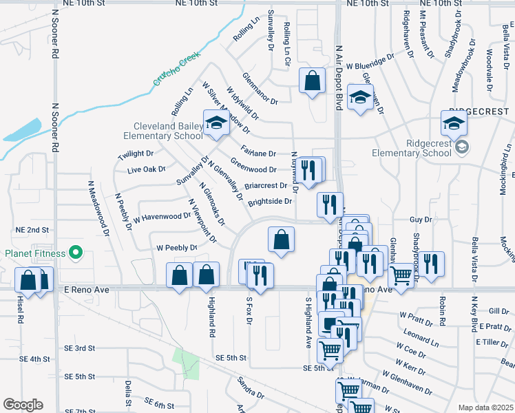map of restaurants, bars, coffee shops, grocery stores, and more near 716 Briarcrest Drive in Midwest City