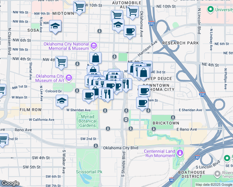 map of restaurants, bars, coffee shops, grocery stores, and more near 1 Park Avenue in Oklahoma City