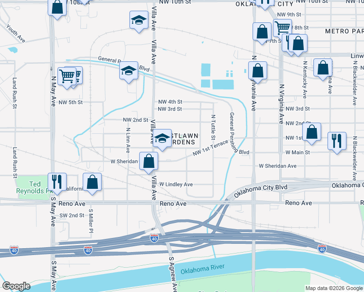 map of restaurants, bars, coffee shops, grocery stores, and more near 2402 Northwest 1st Street in Oklahoma City