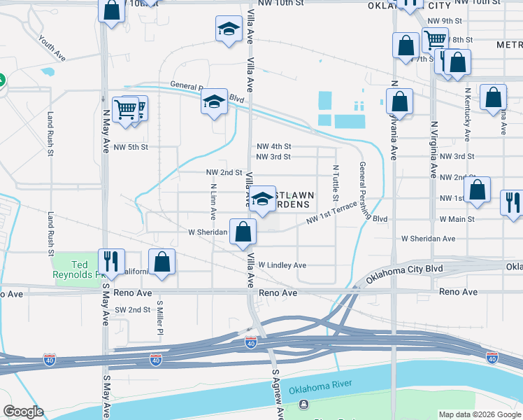 map of restaurants, bars, coffee shops, grocery stores, and more near 2436 Northwest 1st Street in Oklahoma City