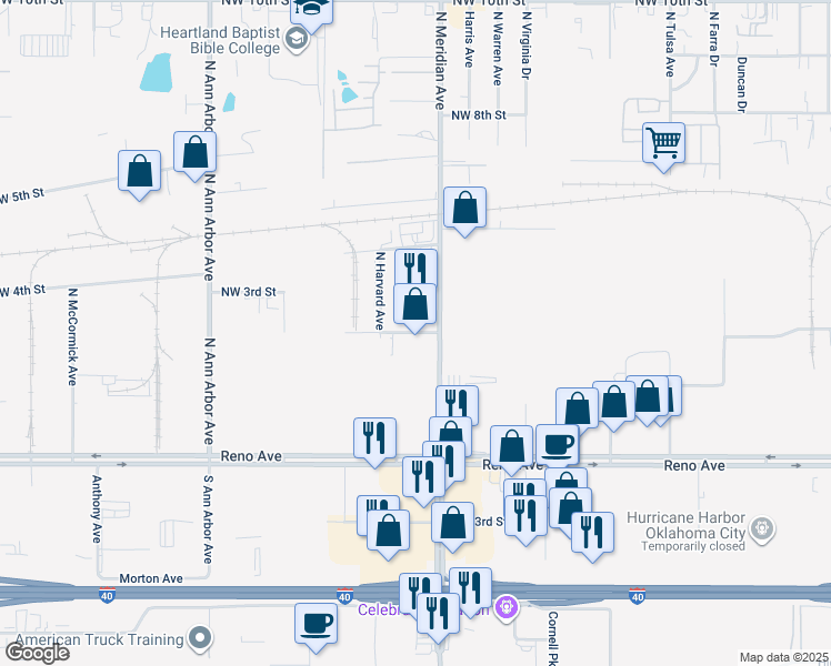 map of restaurants, bars, coffee shops, grocery stores, and more near Northwest 1st Street in Oklahoma City