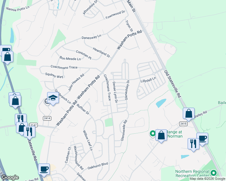 map of restaurants, bars, coffee shops, grocery stores, and more near 19234 Coachmans Trace in Cornelius
