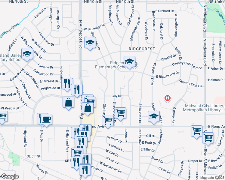 map of restaurants, bars, coffee shops, grocery stores, and more near 3111 Glenhaven Drive in Midwest City