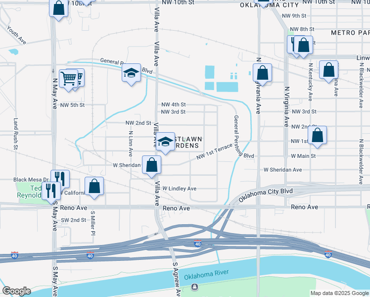 map of restaurants, bars, coffee shops, grocery stores, and more near 2402 Northwest 1st Street in Oklahoma City