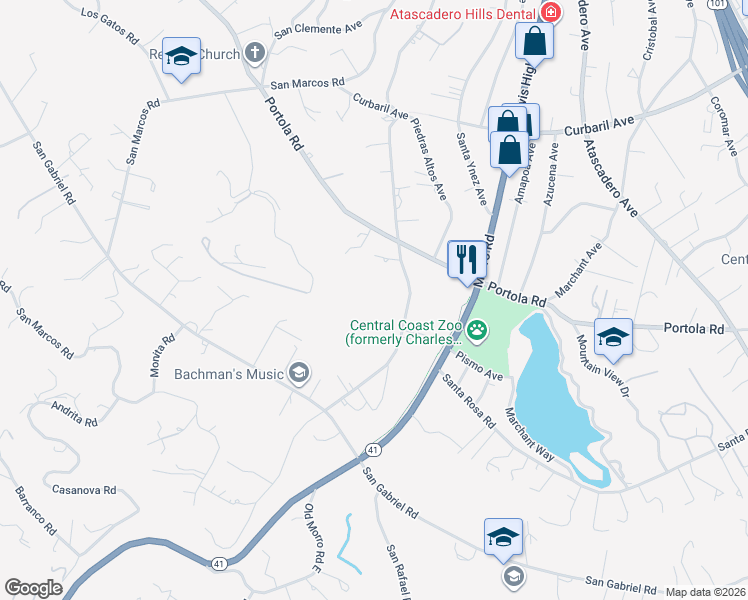 map of restaurants, bars, coffee shops, grocery stores, and more near 9240 Carmelita Avenue in Atascadero