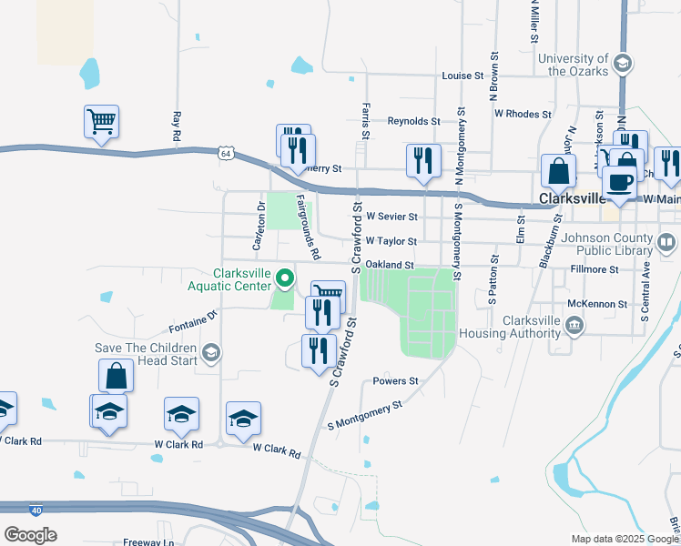 map of restaurants, bars, coffee shops, grocery stores, and more near 400 South Crawford Street in Clarksville