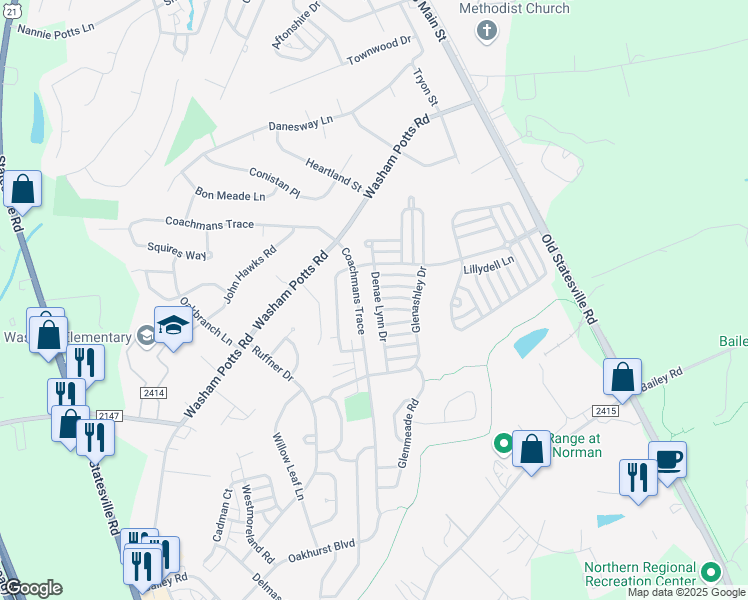 map of restaurants, bars, coffee shops, grocery stores, and more near 19625 Denae Lynn Drive in Cornelius