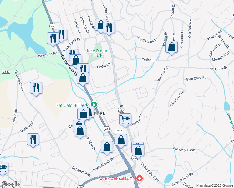 map of restaurants, bars, coffee shops, grocery stores, and more near 3856 Sweeten Creek Road in Arden