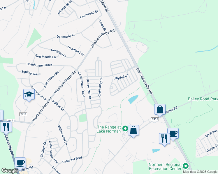 map of restaurants, bars, coffee shops, grocery stores, and more near 10954 Heritage Green Drive in Cornelius