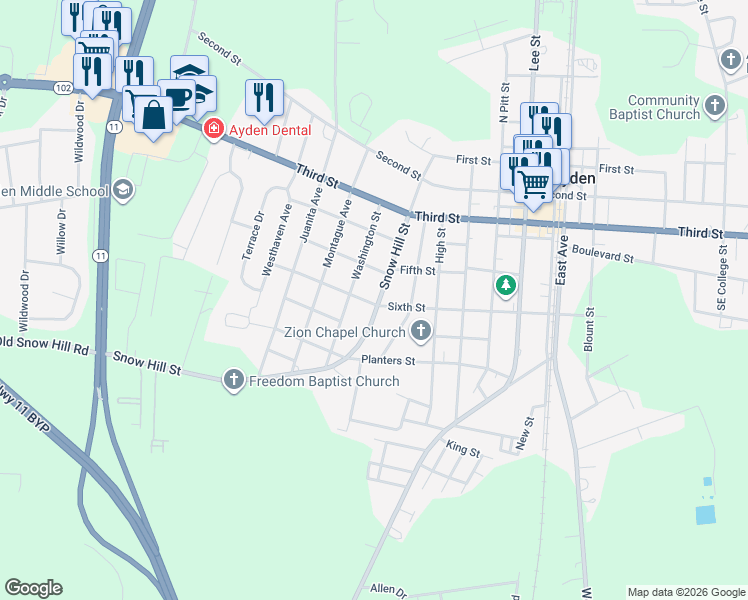 map of restaurants, bars, coffee shops, grocery stores, and more near 437 Snow Hill Street in Ayden