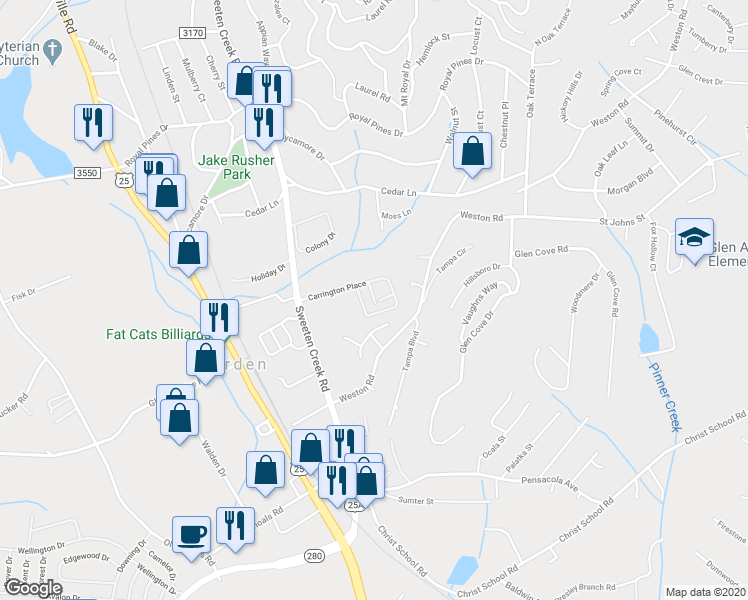 map of restaurants, bars, coffee shops, grocery stores, and more near 601 Carrington Place in Arden