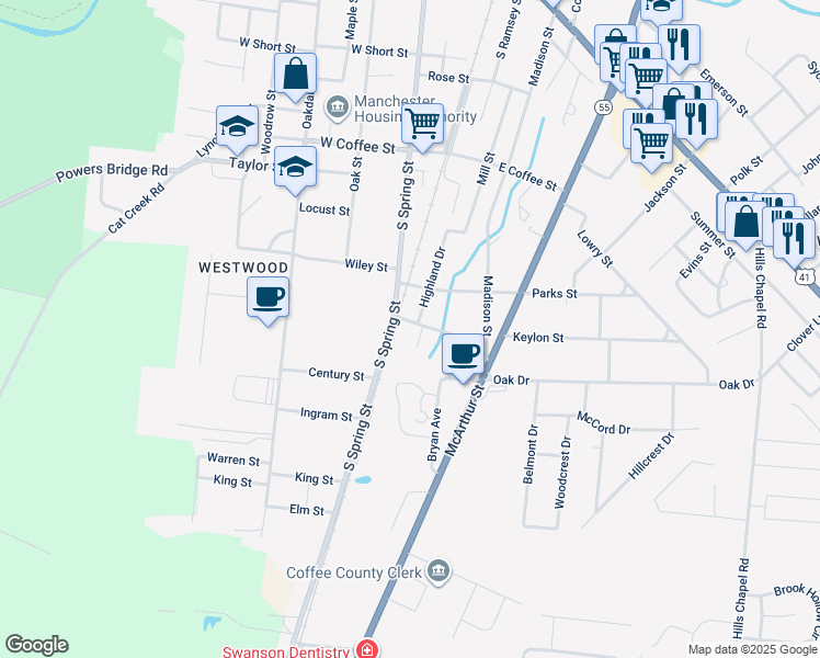 map of restaurants, bars, coffee shops, grocery stores, and more near 501 Oak Drive in Manchester