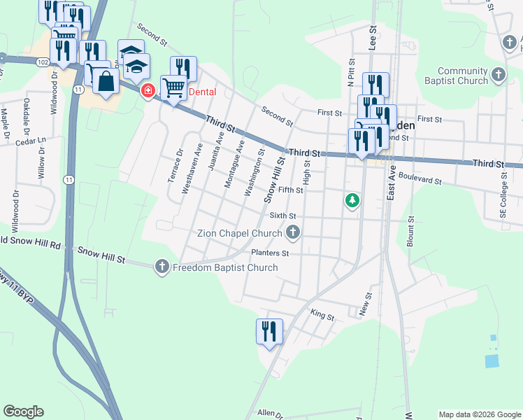 map of restaurants, bars, coffee shops, grocery stores, and more near 437 Snow Hill Street in Ayden