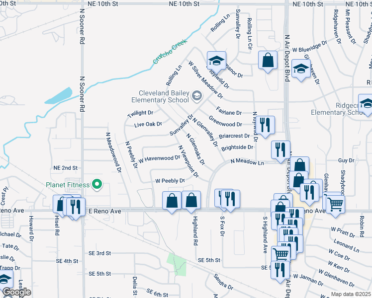 map of restaurants, bars, coffee shops, grocery stores, and more near 3301 North Glenoaks Drive in Midwest City