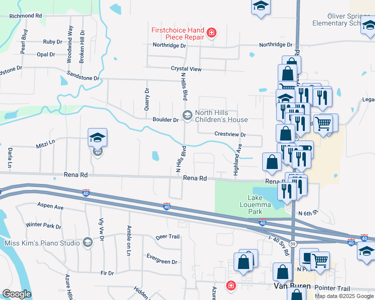 map of restaurants, bars, coffee shops, grocery stores, and more near 2034 North Hills Boulevard in Van Buren