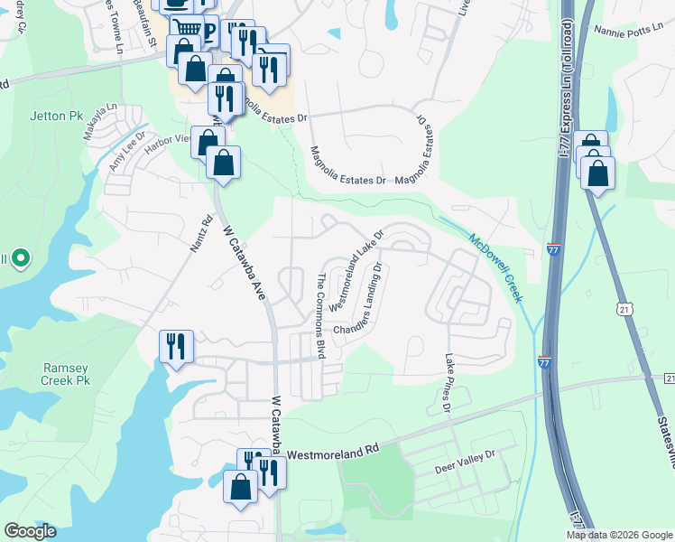 map of restaurants, bars, coffee shops, grocery stores, and more near 18721 The Commons Boulevard in Cornelius