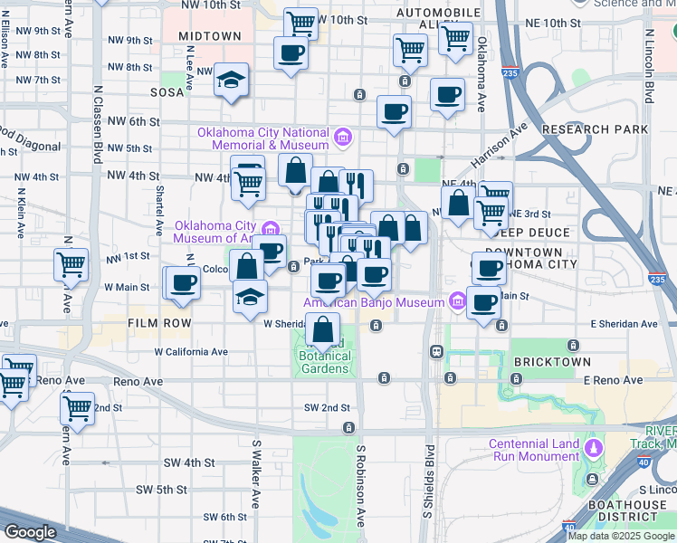 map of restaurants, bars, coffee shops, grocery stores, and more near 214 North Harvey Avenue in Oklahoma City