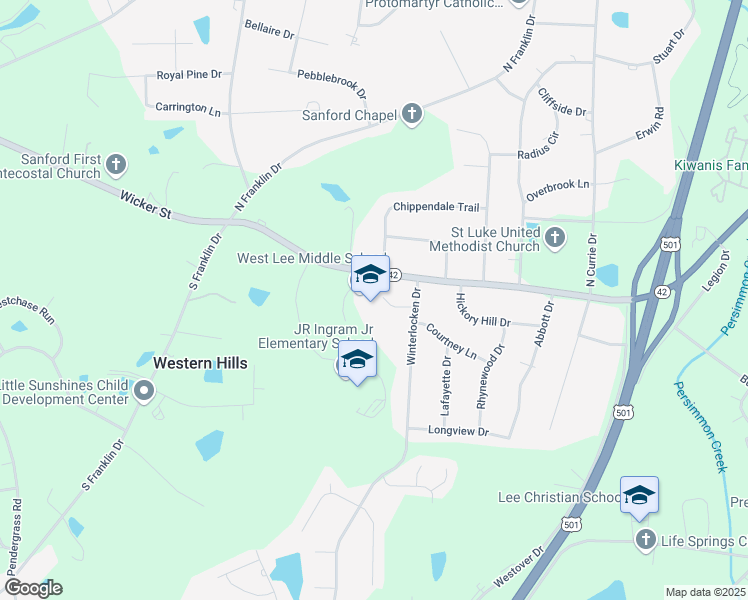 map of restaurants, bars, coffee shops, grocery stores, and more near 3301 Wicker Street in Sanford