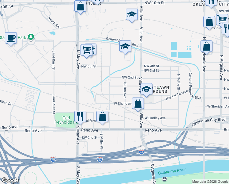 map of restaurants, bars, coffee shops, grocery stores, and more near 2620 Northwest 1st Street in Oklahoma City