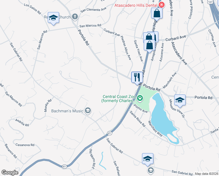 map of restaurants, bars, coffee shops, grocery stores, and more near 9240 Carmelita Avenue in Atascadero