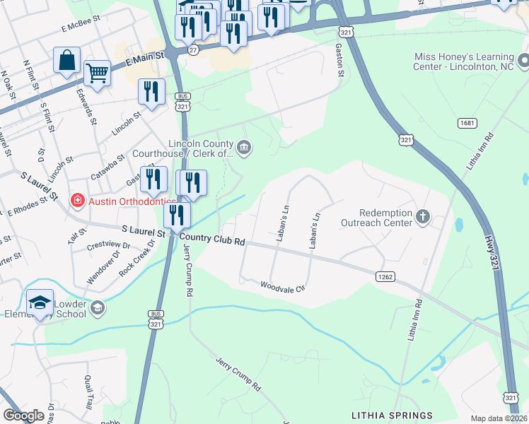 map of restaurants, bars, coffee shops, grocery stores, and more near 224 Hollow Road in Lincolnton
