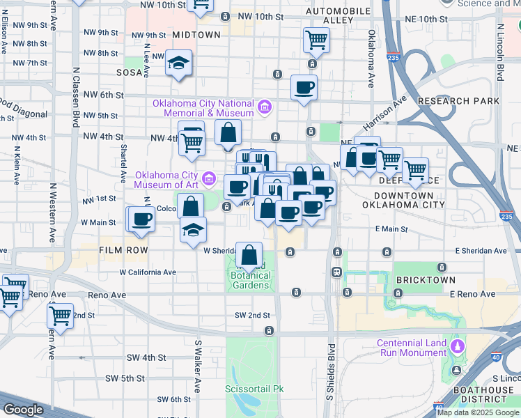 map of restaurants, bars, coffee shops, grocery stores, and more near 210 Park Avenue in Oklahoma City