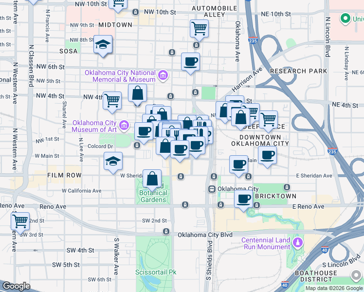 map of restaurants, bars, coffee shops, grocery stores, and more near 101 Park Avenue in Oklahoma City