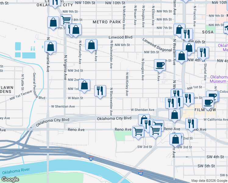 map of restaurants, bars, coffee shops, grocery stores, and more near 1505 Northwest 1st Street in Oklahoma City