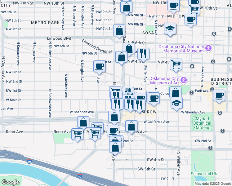 map of restaurants, bars, coffee shops, grocery stores, and more near 200 North Western Avenue in Oklahoma City