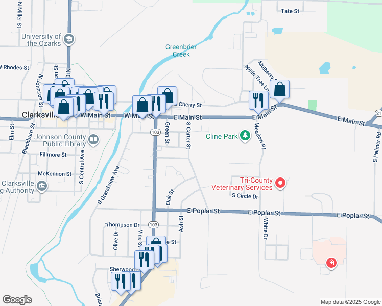 map of restaurants, bars, coffee shops, grocery stores, and more near 213 South Carter Street in Clarksville