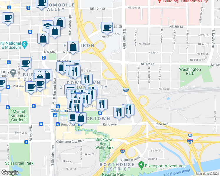 map of restaurants, bars, coffee shops, grocery stores, and more near 428 Northeast 1st Terrace in Oklahoma City