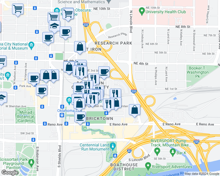 map of restaurants, bars, coffee shops, grocery stores, and more near 210 Russell M.Perry Avenue in Oklahoma City