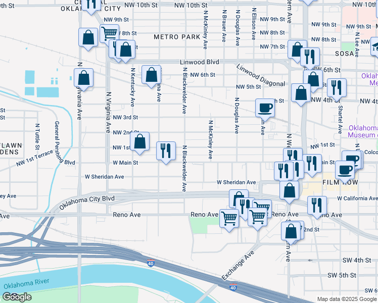 map of restaurants, bars, coffee shops, grocery stores, and more near 1505 Northwest 1st Street in Oklahoma City