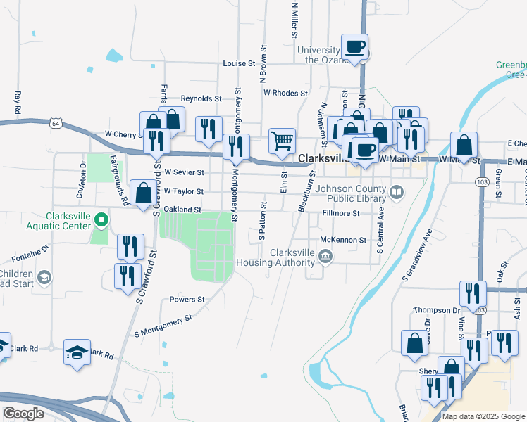 map of restaurants, bars, coffee shops, grocery stores, and more near 399 South Patton Street in Clarksville