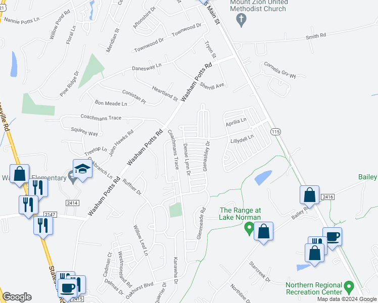map of restaurants, bars, coffee shops, grocery stores, and more near 19408 Fridley Lane in Cornelius
