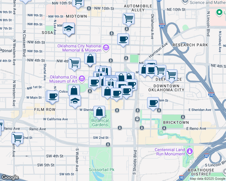 map of restaurants, bars, coffee shops, grocery stores, and more near 210 Park Avenue in Oklahoma City