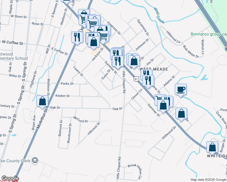 map of restaurants, bars, coffee shops, grocery stores, and more near 1111 Woodland Drive in Manchester