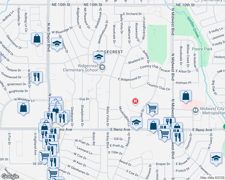 map of restaurants, bars, coffee shops, grocery stores, and more near 3001 Mockingbird Lane in Midwest City