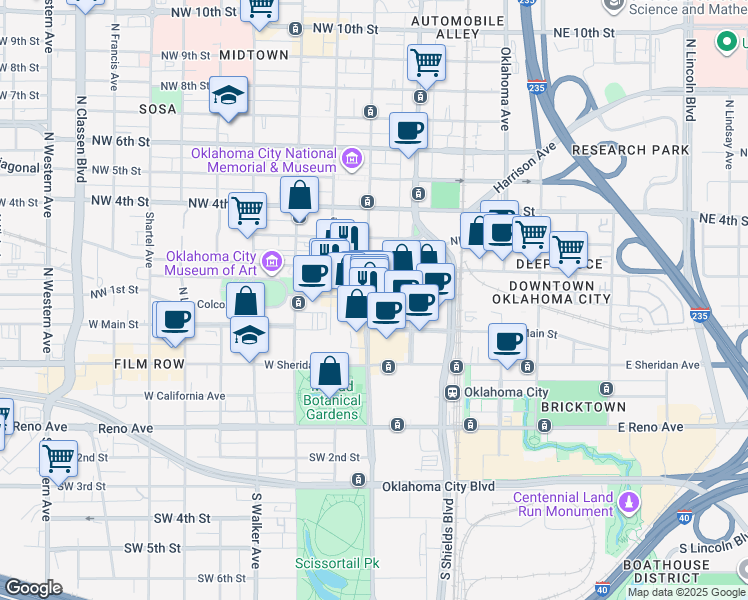 map of restaurants, bars, coffee shops, grocery stores, and more near 210 Park Avenue in Oklahoma City