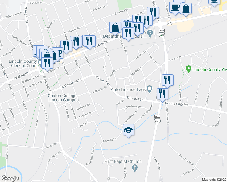 map of restaurants, bars, coffee shops, grocery stores, and more near 628 South Laurel Street in Lincolnton